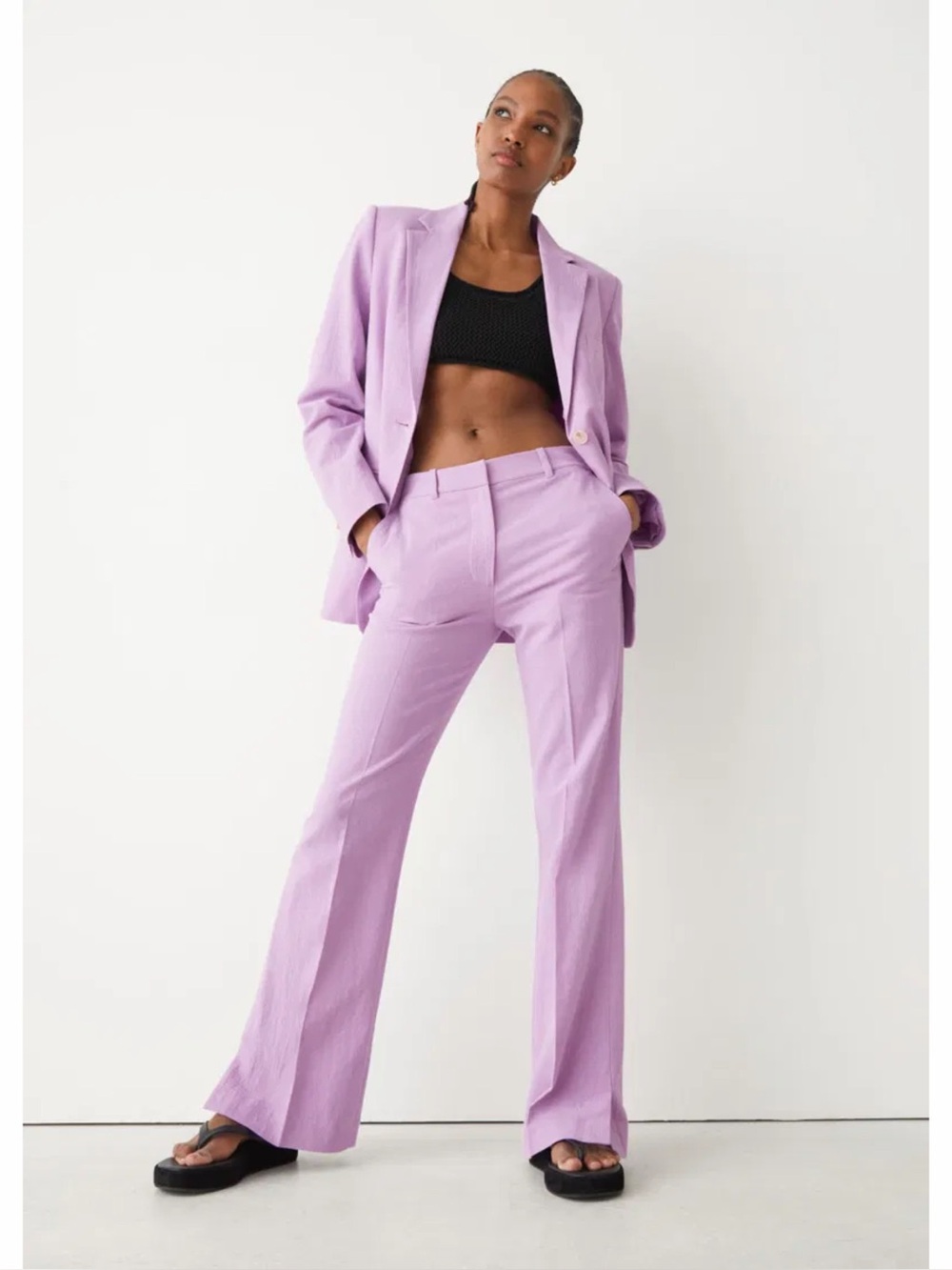 & Other Stories Flared Linen Trouser Lilac Purple Size 36 Slit Hem High Waist
